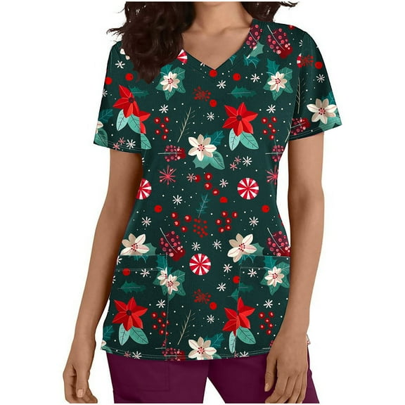 Joau Christmas Scrubs for Women, Santa Snowman Reindeer Print Scrubs Tops Workwear Short Sleeve V Neck Nurse Shirt Working Uniforms Medical Scrubs with Pockets
