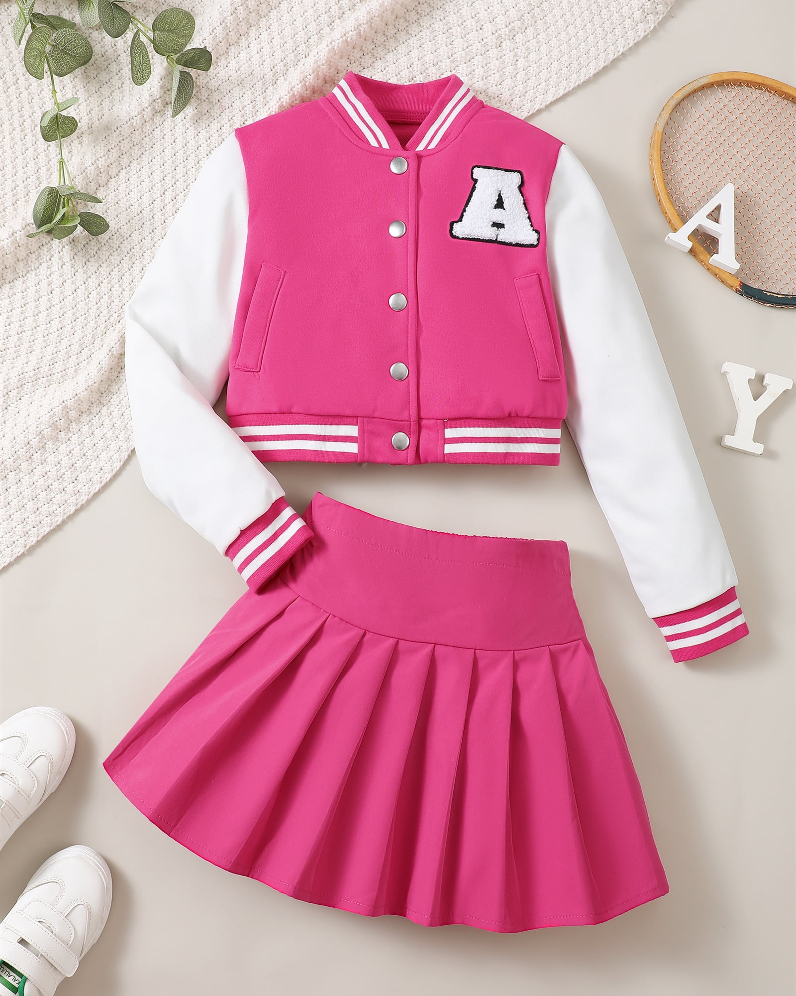 9 Years Big Girls Winter Outfits 10 Years Youth Child Kids Clothes Set Long Sleeves Letter Embroidery Baseball Lacket Color Block Coat Pleated Skirt Set 2pcs Clothing Pink
