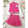 thumbnail image 3 of Kucnuzki 9 Years Big Girls Winter Outfits 10 Years Youth Child Kids Clothes Set Long Sleeves Letter Embroidery Baseball Lacket Color Block Coat Pleated Skirt Set 2pcs Clothing Pink, 3 of 10