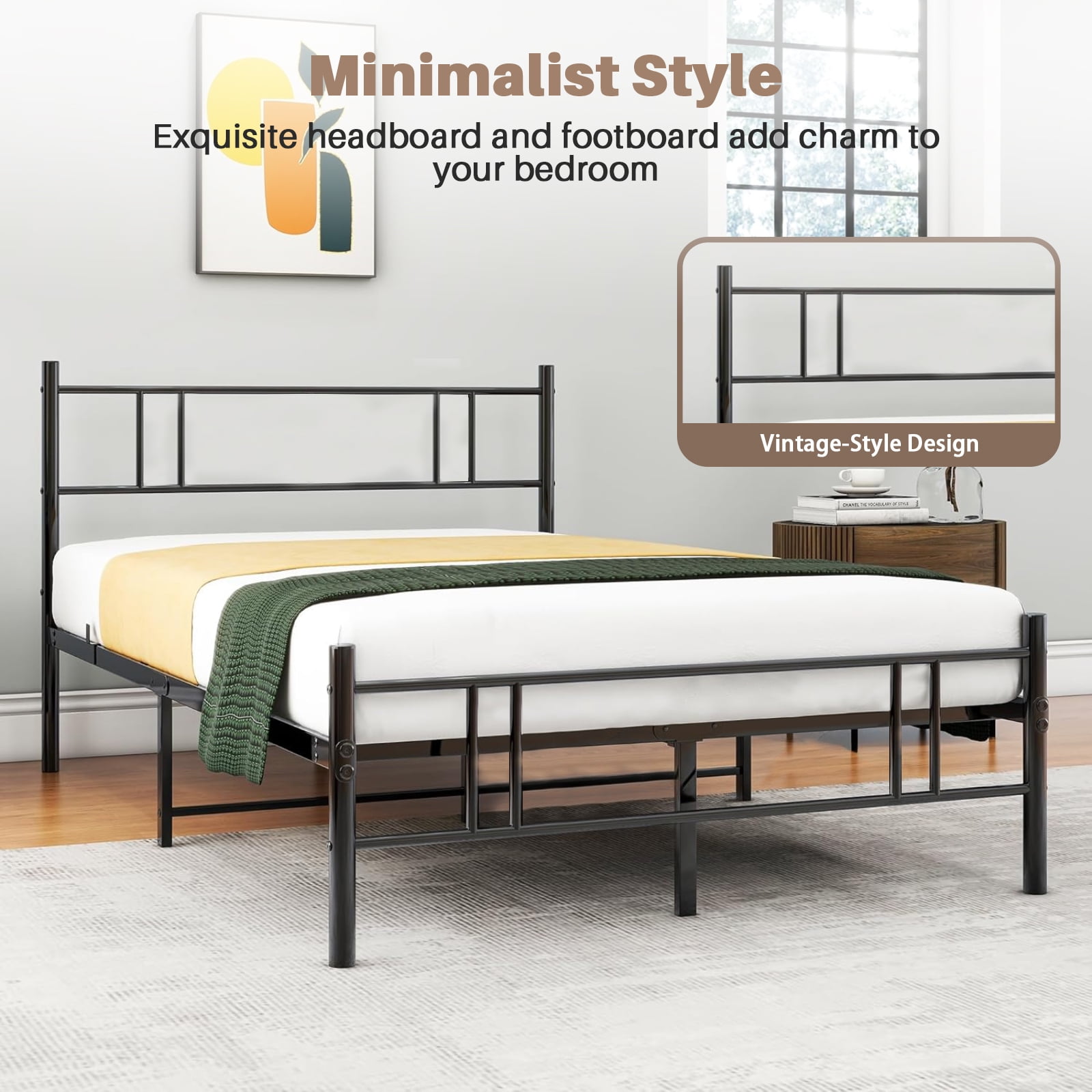 Full Bed Frame, Upholstered Full Size Platform Bed Frame with Headboard, Wood Slats Support, No Box Spring Needed, Noise Free, Black