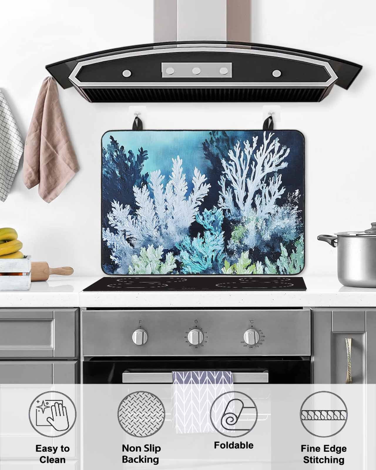 nqOlkjepod Large Induction Cooktop Protector Mat 24"x21", Summer Coastal Stove Top Covers for Electric Stove, Ocean Watercolor Coral Plant Decorative Stove Burner Cover Mats, Glass Top Stove Cover