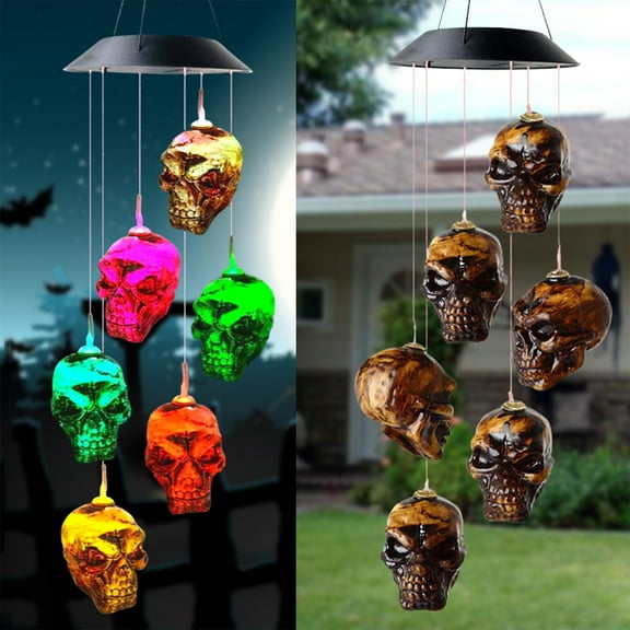 TOPRenddon Skull Solar Wind Chime Lights, Halloween Solar Powered Light up Wind Bell Skeleton LED String Light Windchime Outdoor Halloween Hanging Decorations Props Gift