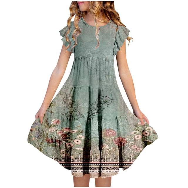 Zpanxa Robes d'Été pour Filles Manches Courtes Manches Volantées Col Rond Imprimé Floral Taille Poche Robe à Étages Polyester Spandex Vert Armée 6 Ans