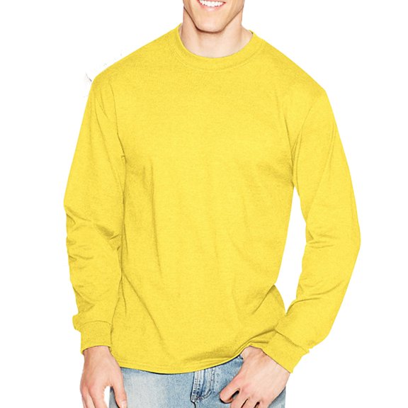 JustBlanks Beefy-T Long Sleeve T-Shirt Sleeves And Bottom Hem Shoulder To Shoulder Taping Ribbed Cuffs, Yellow, XL