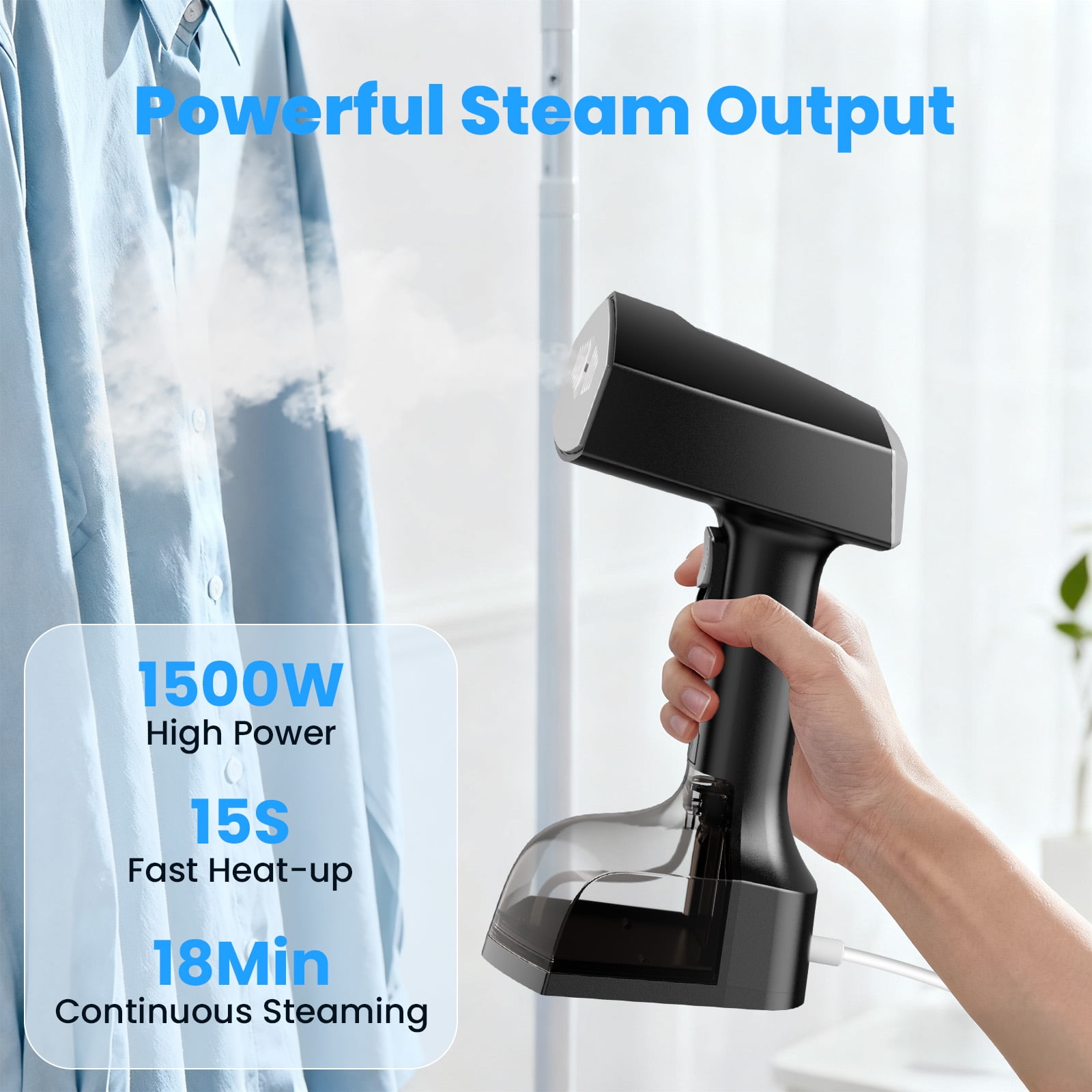 Steamer for Clothes, 1500W Portable Handheld Garment Steamer with Powerful Steam, 15s Fast Heat-up & 3 Steam Settings, 350ml Removable Tank, Black