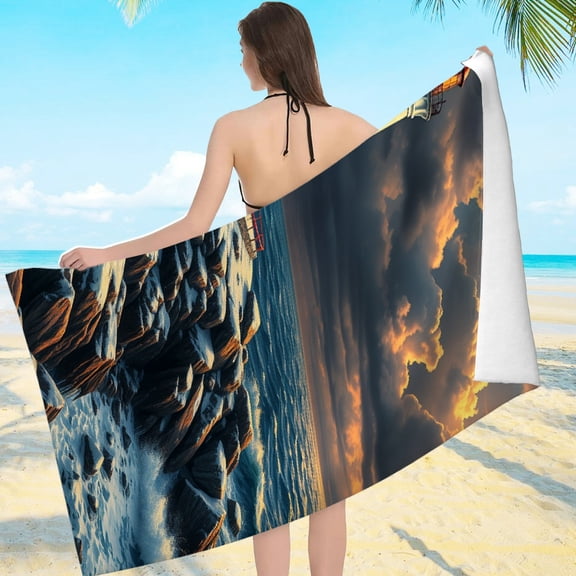 RKSupls Lighthouse Rocky Coast Ocean Sunrise Microfiber Beach Towel, Extra Large Quick Dry Lightweight Towel for Travel Swimming Camping, Soft Super Absorbent- 55.1x27.6in