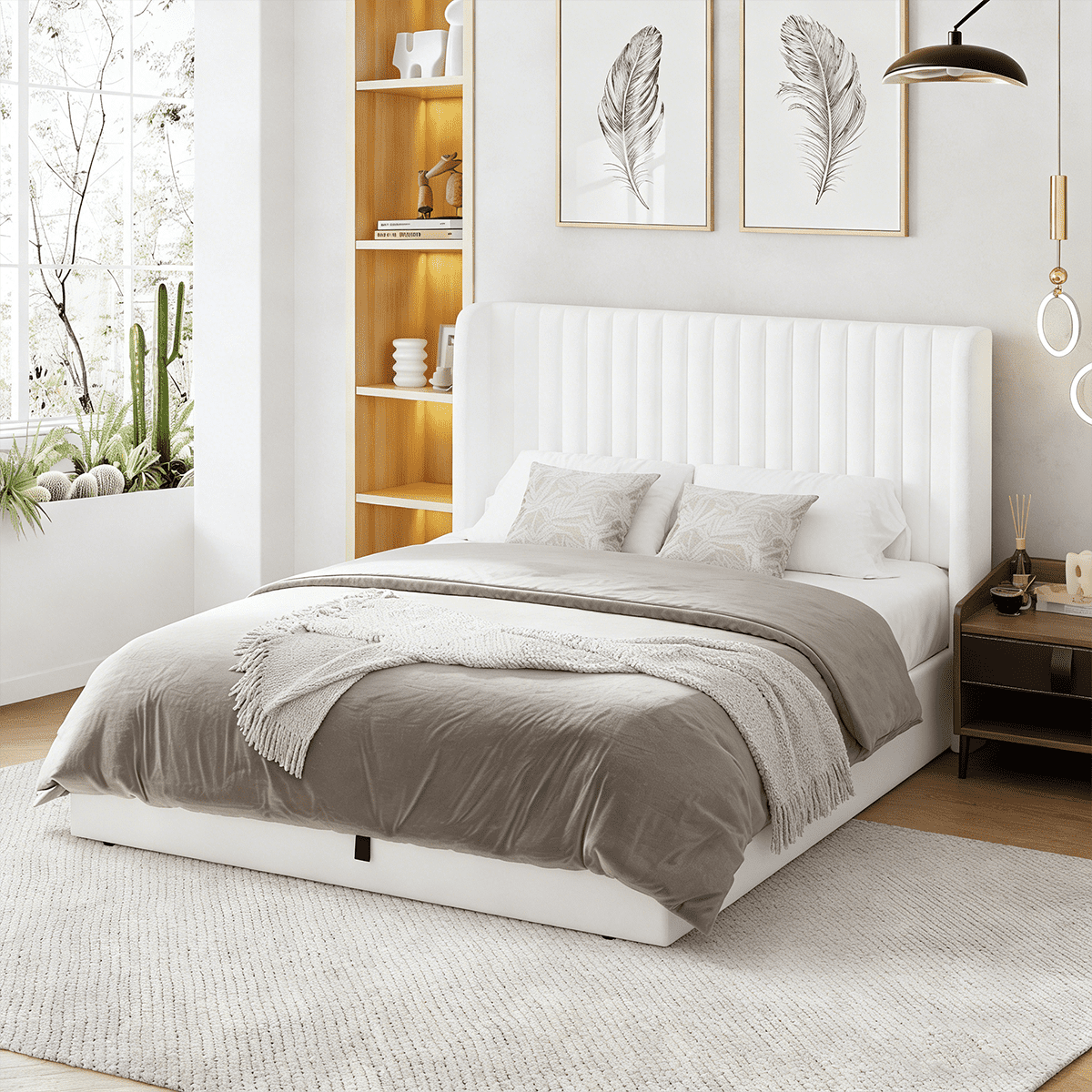 Winkalon Full Size Lift-Up Storage Bed Frame with Modern Wingback Headboard, Linen Upholstered Platform Bed, Hydraulic Gas Lift Support, Underbed Storage, Wooden Slats, No Box Spring Needed, White