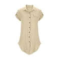 thumbnail image 4 of Y-Sunset Girls Button Down Shirt Dress, Short Sleeve Casual Linen Tunic Dress, Kids Collared Summer Dress with Pocket, Loose Fit Beach Cover Up for Girls(Beige/5-6 Years), 4 of 7