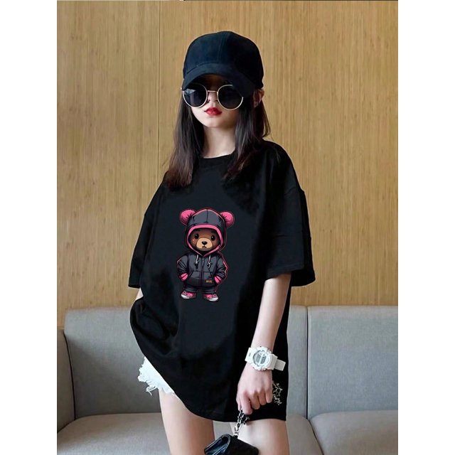 Tween Girls 2025 Summer Casual Round Neck Bear Print Short Sleeve T-Shirt, Suitable For 8-13 Years Old