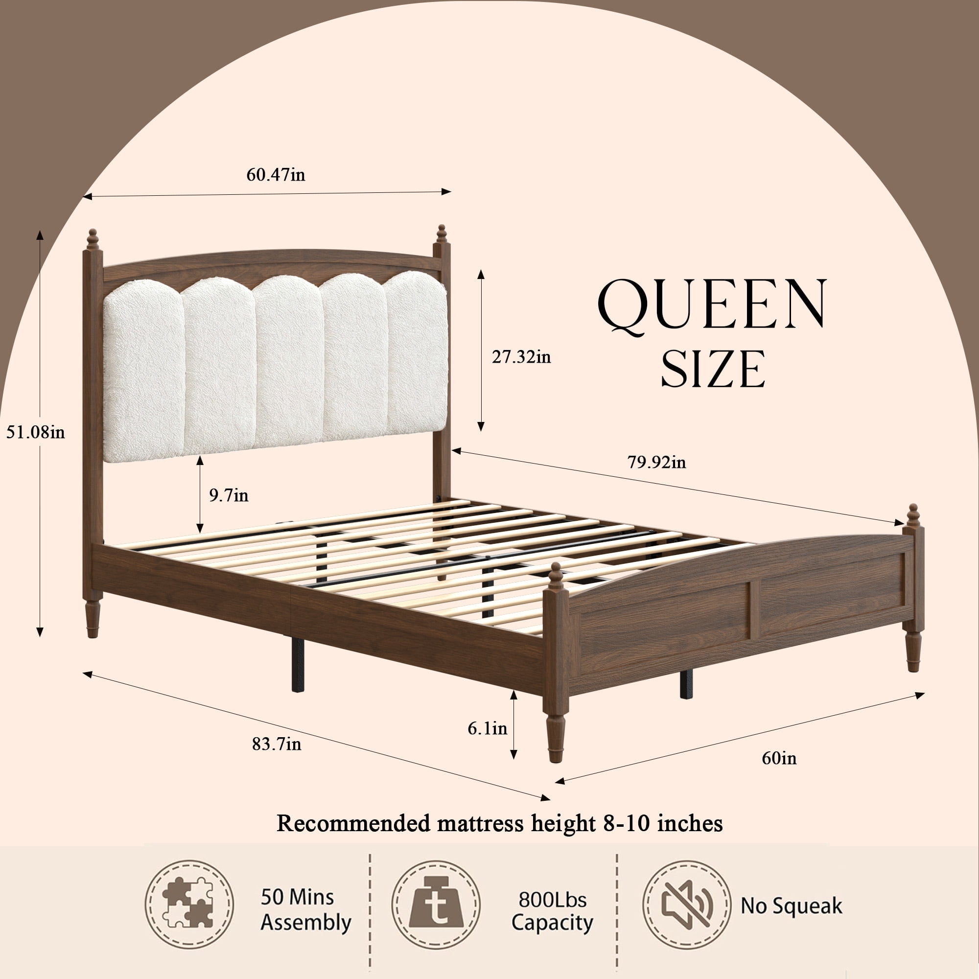BSHTI Queen Size Platform Bed with Fabric Upholstered Headboard – Farmhouse Style Engineered Wood – No Box Spring Needed, Noise-Free, Easy Assembly for Bedroom(Brown)