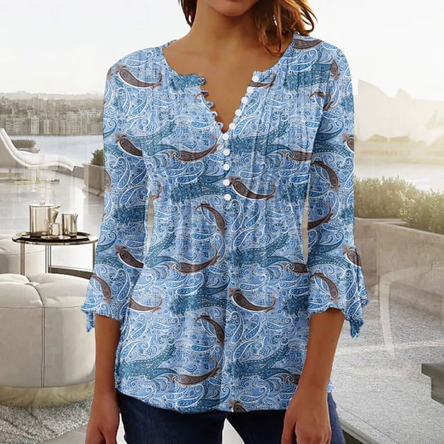 ICHUANYI Clearance Women‘s Summer Sexy Fold Printed Regular Women 3/4 Sleeves V Neck Button Tops Blouse(Blue, M) ICHUANYI WER2023080701693