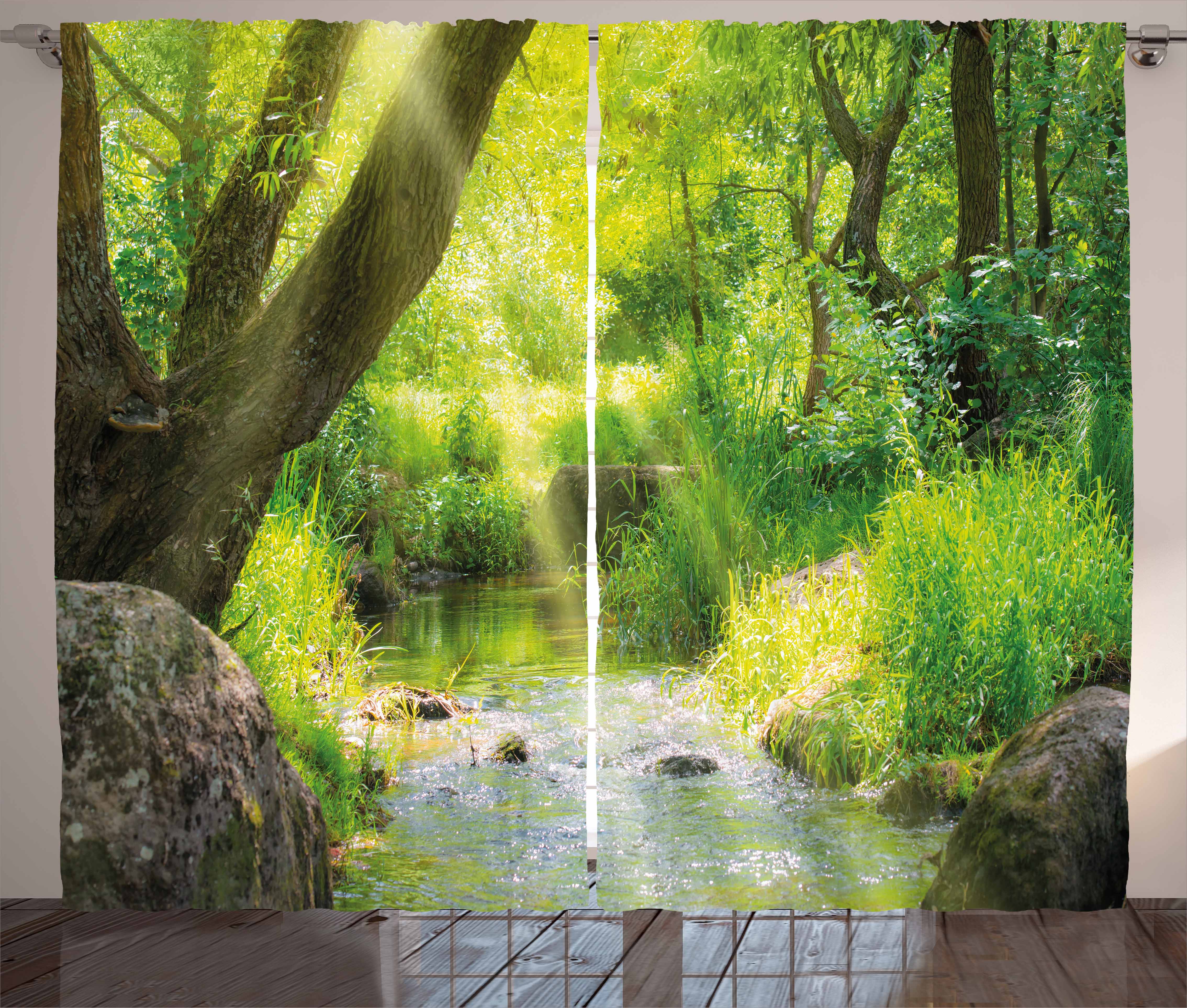 Forest Curtains 2 Panels Set, Stream Cascade in Tropical Forest among Trees Jungle Woodland