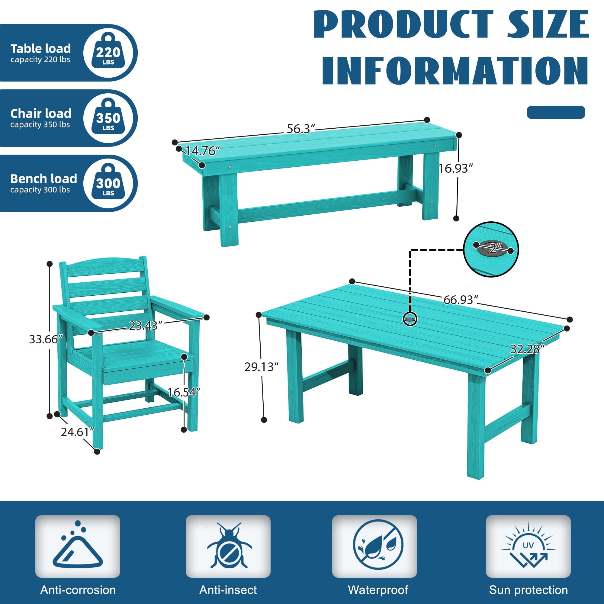 LOYALICE 6 Pieces Patio Furniture Set, HDPE Outdoor Dining Table Set with 1 Bench, 4 Chairs, Durable and Weather-Resistant for Patio, Garden and Balcony Use, Turquoise
