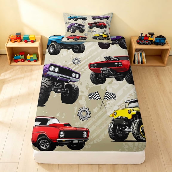 Erosebridal Monster Truck Twin Fitted Sheet, White Background Bedding, Monster Trucks White 2pcs 1 Fitted Sheet and 1 Pillowcase