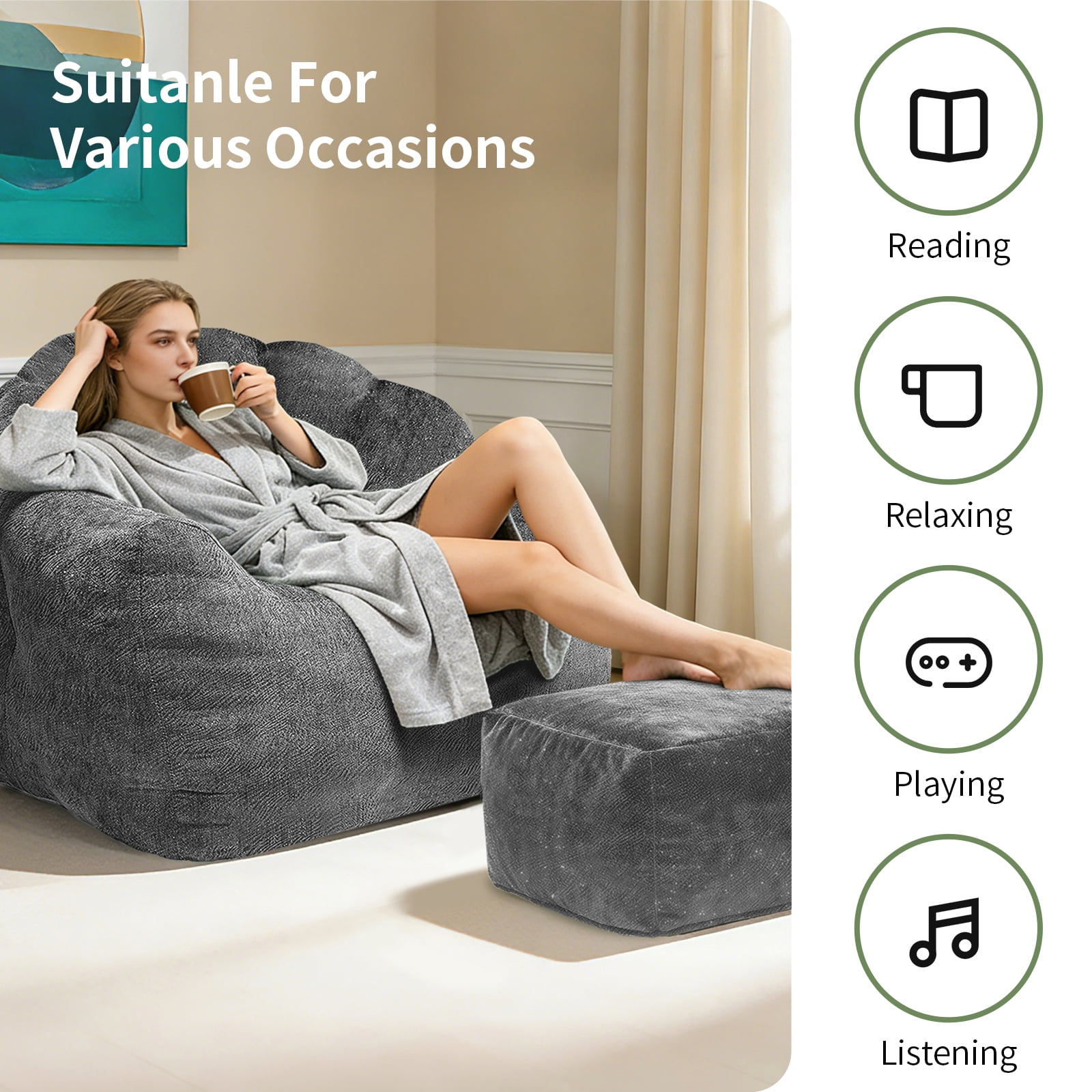 Hommoo Bean bag chair, armrest bean bag sofa chair filled with high-density foam, comfortable lazy sofa chair, adult bean bag chair for Home, Gray