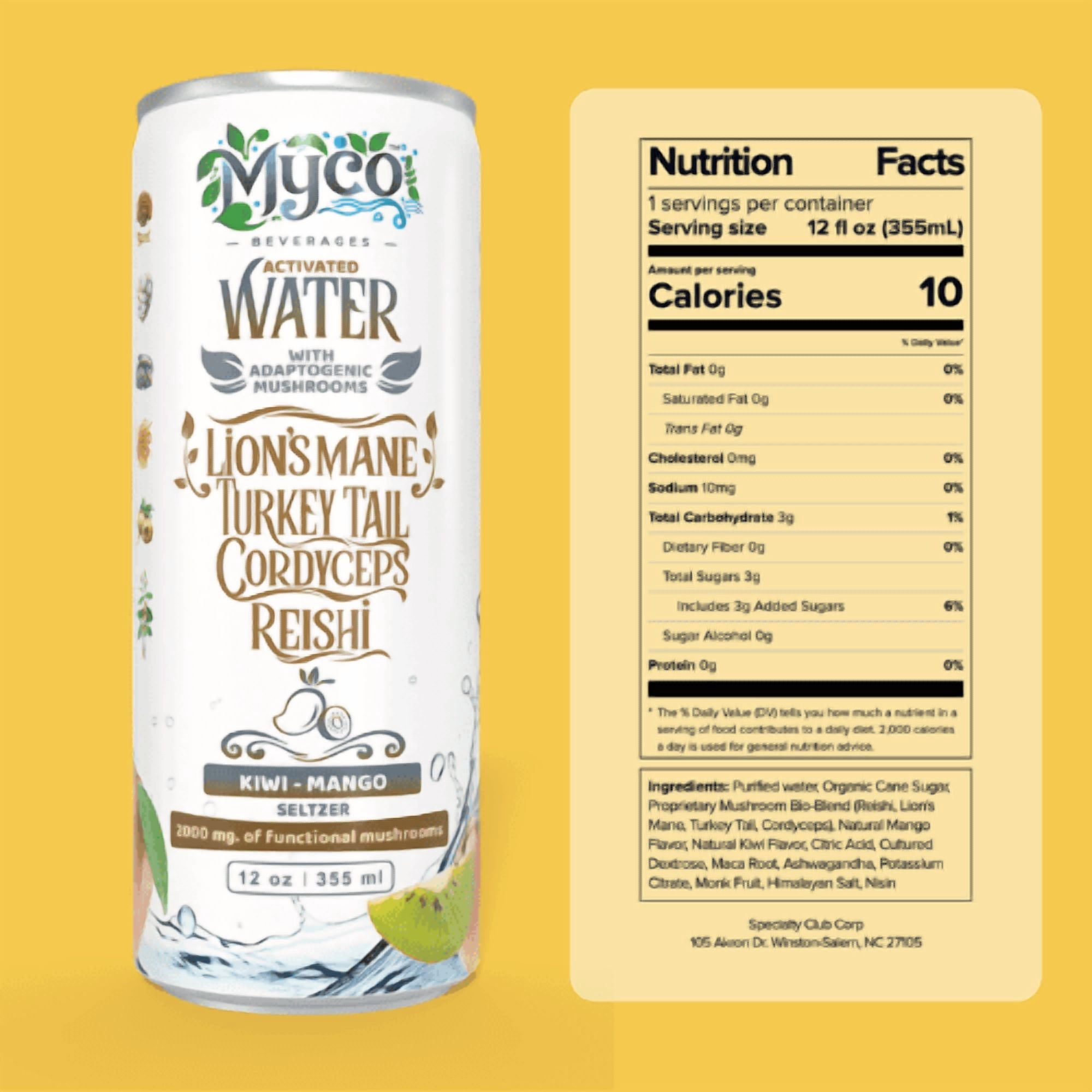 MycoBev Kiwi Mango Sparkling Water, 2000mg Mushroom Blend, 6-pack