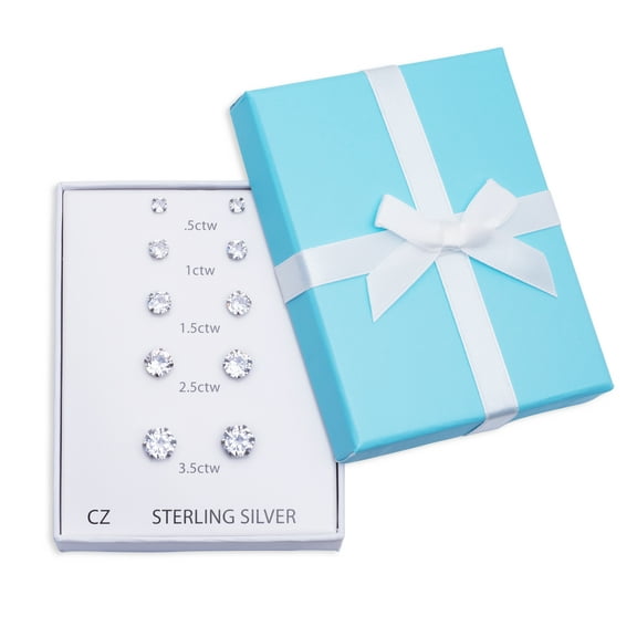 Sterling Silver Solitaire Stud Earrings Cubic Zirconia 5 Pair Size Set Unisex for All Ages Gift