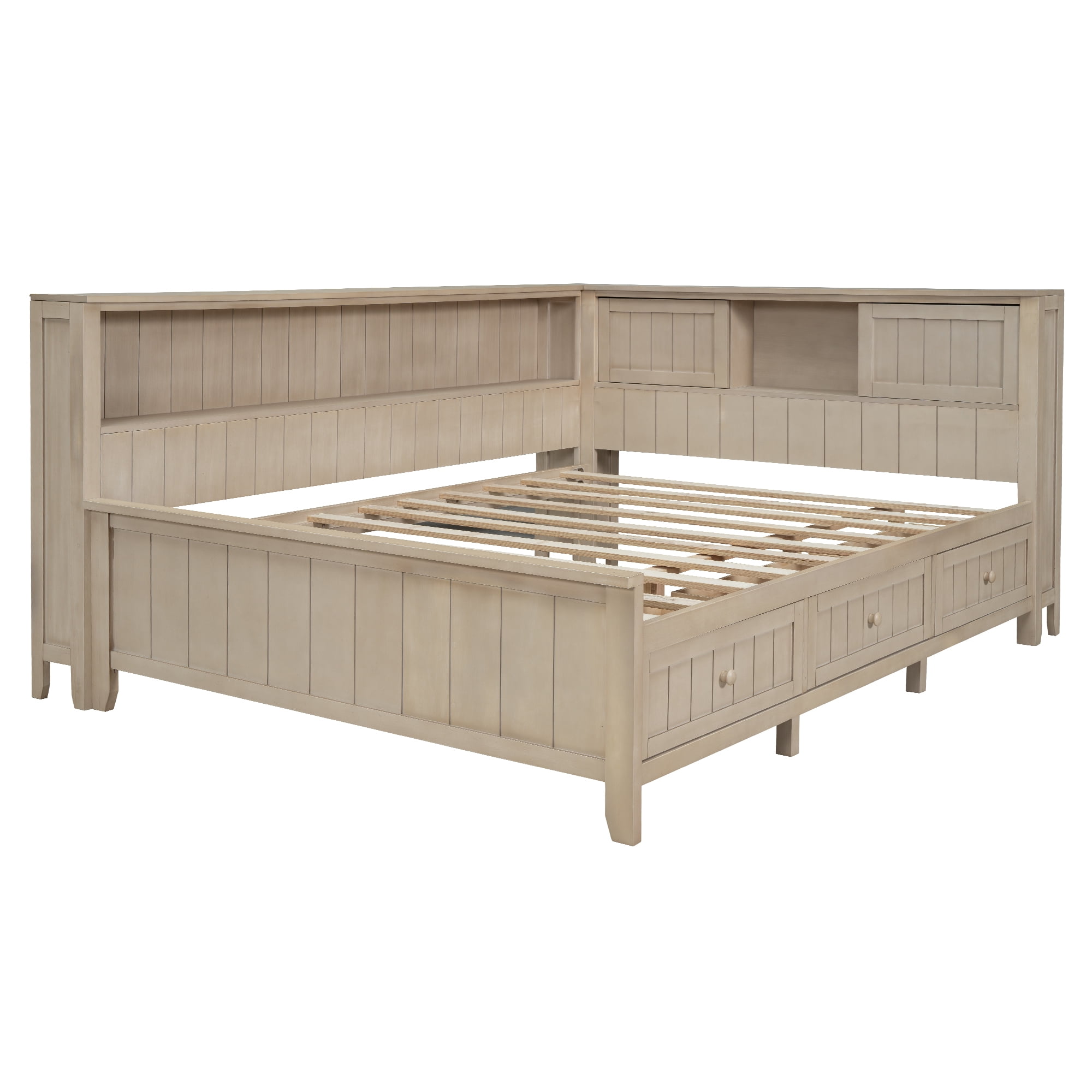 MAYEERTY Full Size Wood Daybed with Storage Shelves and 3 Drawers, Antique White Milk