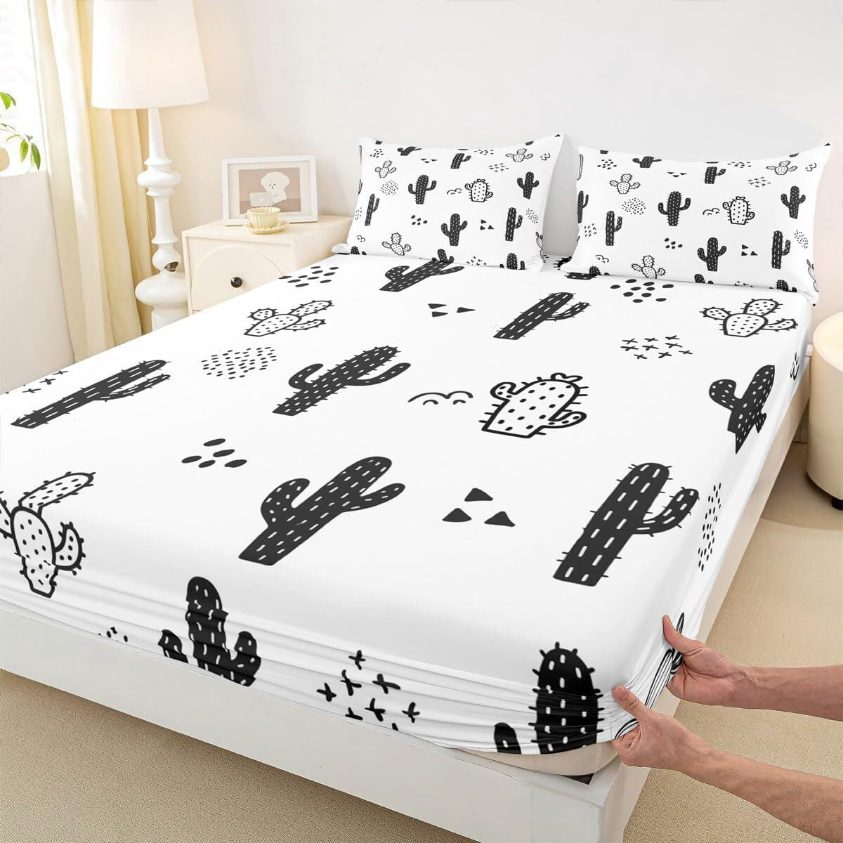 Cactus Bed Sheet Set Full Size,Cartoon Desert Plants Fitted Sheet 3pcs,Kids Boys Girls Bedroom Decor Black White Bedding Set Abstract Geometric Dot Hand Draw Bed Cover with 2 Pillowcases