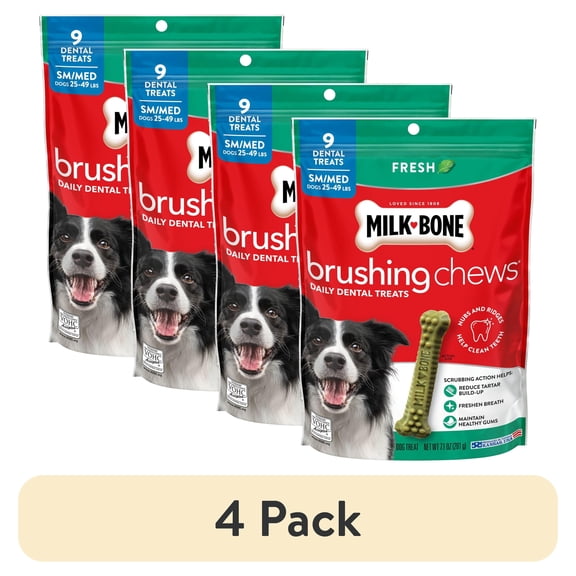 (4 pack) Milk Bone Brushing Chews Original Fresh Flavor Daily Dental Dog Treats, Small/Medium, 7.1 oz Bag
