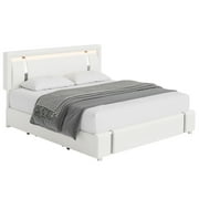 Homfa King Size LED Bed Frame with 2 Storage Drawers & USB Ports, Modern Leather Upholstered Platform Bed Frame with Adjustable Headboard, No Box Spring Needed, White