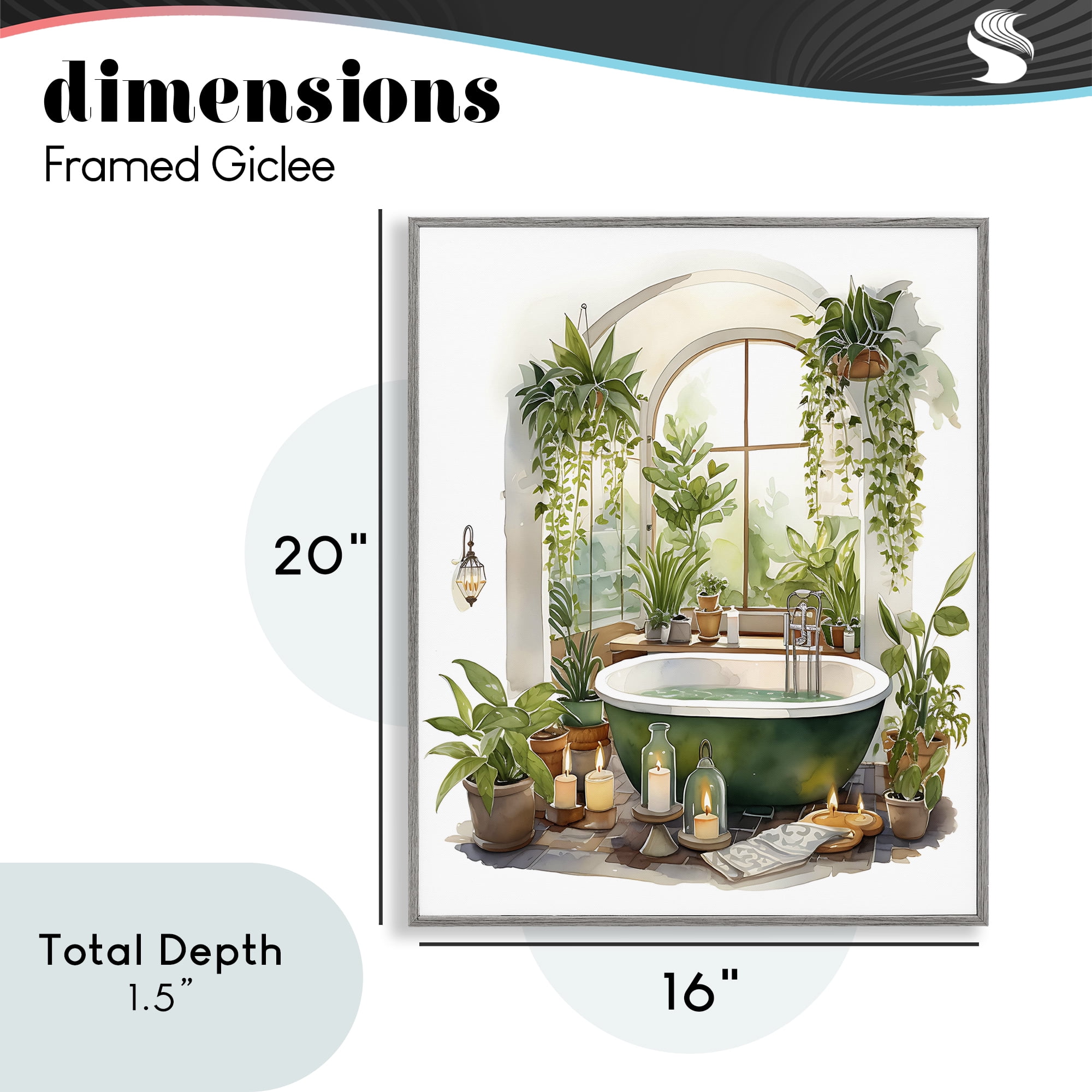 Tranquil Tub with Candles & Greenery Gray Framed Giclee Art, design by Lettered and Lined