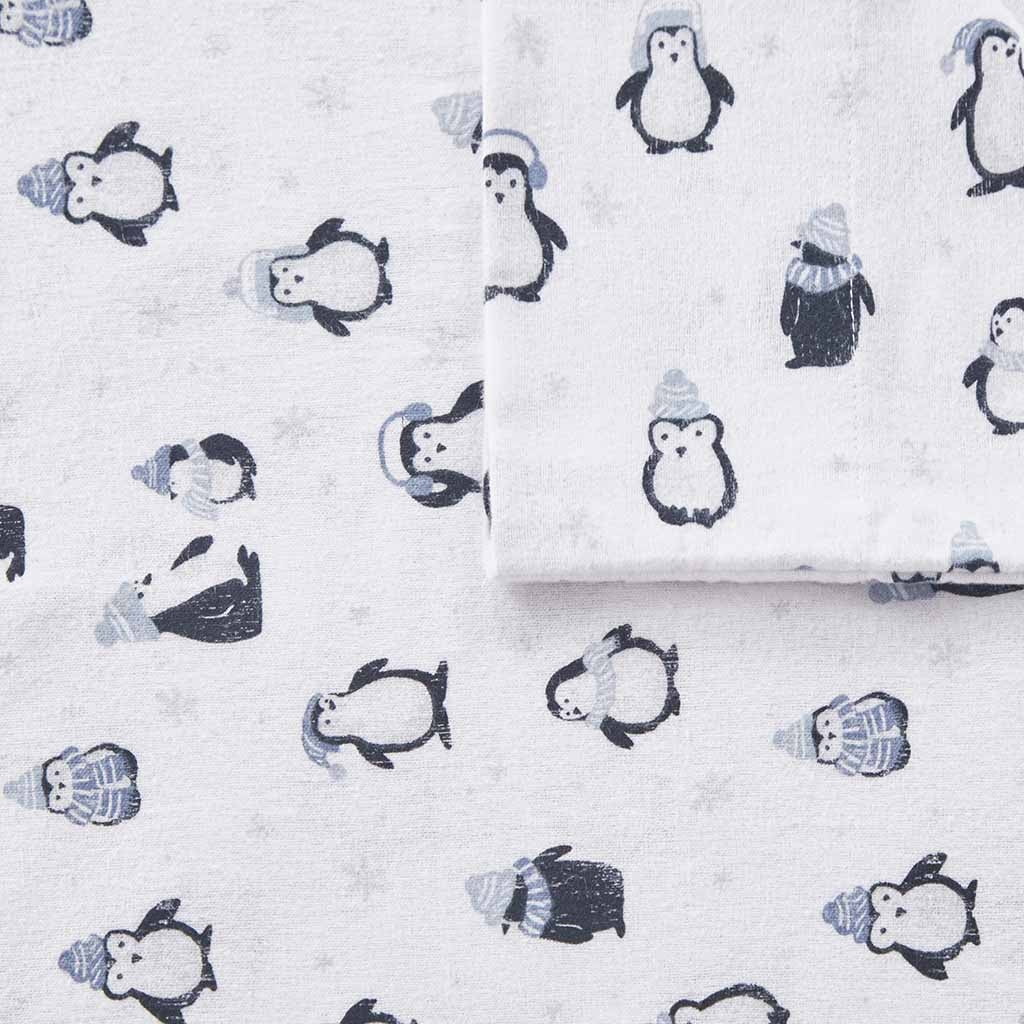 Intelligent Design Cozy Soft 3-Piece Twin XL Cotton Flannel Printed Sheet Set, Blue Penguins