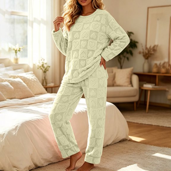 sdhkgrrt Women's 2 Piece Pajama Set Soft Round Neck Long Sleeve Pullover Long Pants Matching Lounge Outfit with Hearts Print Comfy Stretchy Fall Winter Tracksuit, Green 5XL
