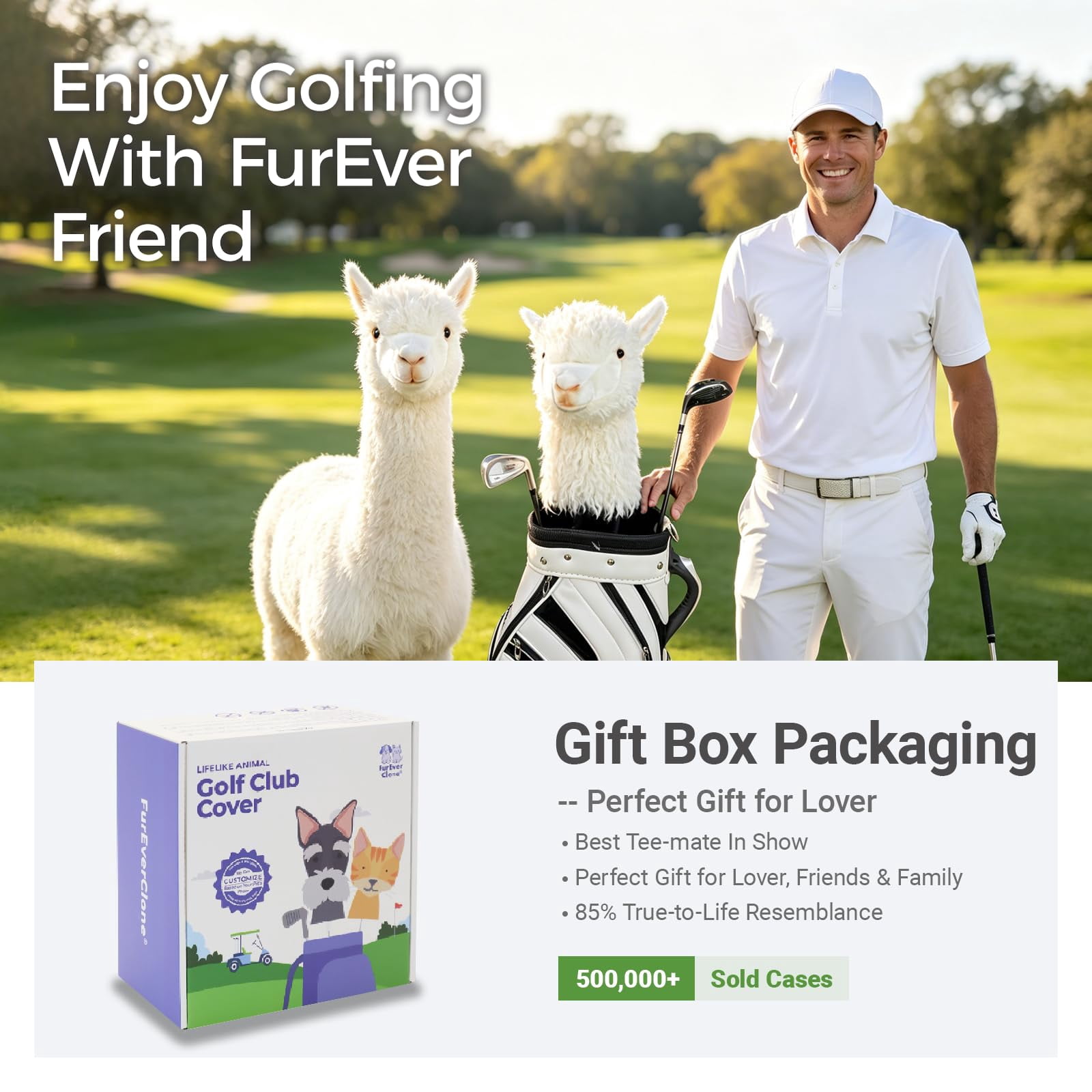 FurEverClone White Alpaca Golf Club Headcover, Dog Golf Driver & Woods Club Cover, Golden Dog Golf Head Cover