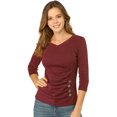 thumbnail image 1 of INSPIRE CHIC Women's Button Decor V Neck 3/4 Sleeve Solid Blouse Knitted Ruched Top, 1 of 6