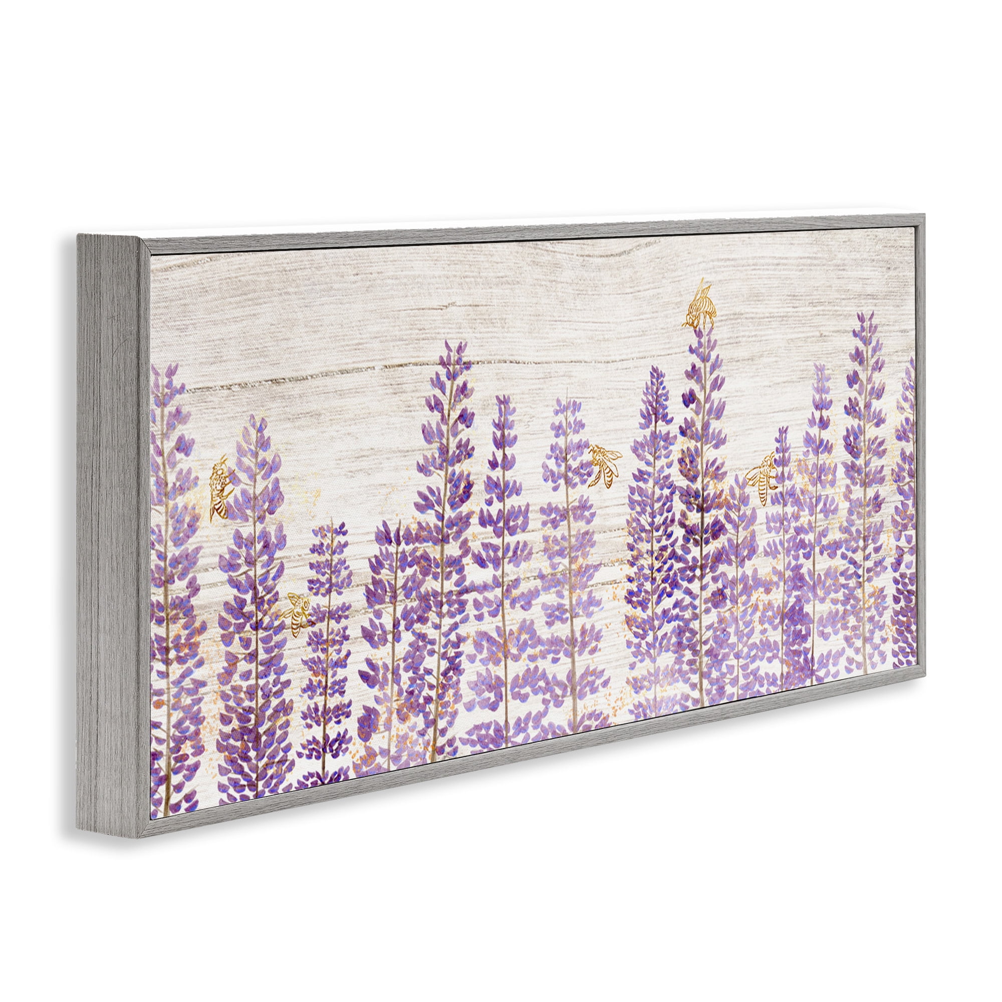 Stupell Industries Rustic Purple Lilacs & Bees Botanical & Floral Painting Gray Framed Art Print Wall Art, 30 x 13