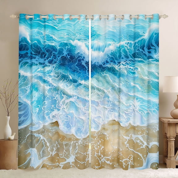 Manfei Ocean Wave Beach Black Out Curtains for Kids Boys and Girls, Coastal Sea Print Curtains Pack of 2 (42x63 Each)