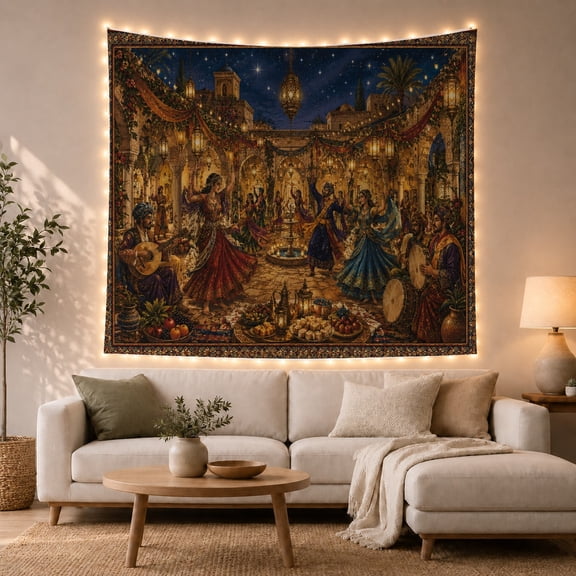 Courtyard Dance Around Fountain, Cozy Illustration for Culture Lovers, Festive Gathering Decor, Housewarming Gift, Tapestry Wall Hanging for Living Room and Dining Room