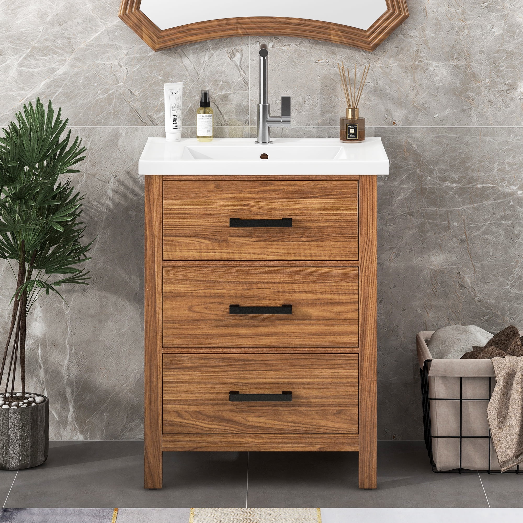 Euroco 24'' Bathroom Vanity with Ceramic Basin Sink, Modern Bathroom Storage Cabinet with 3 Drawers, Freestanding Bathroom Vanity Cabinet with Single Sink