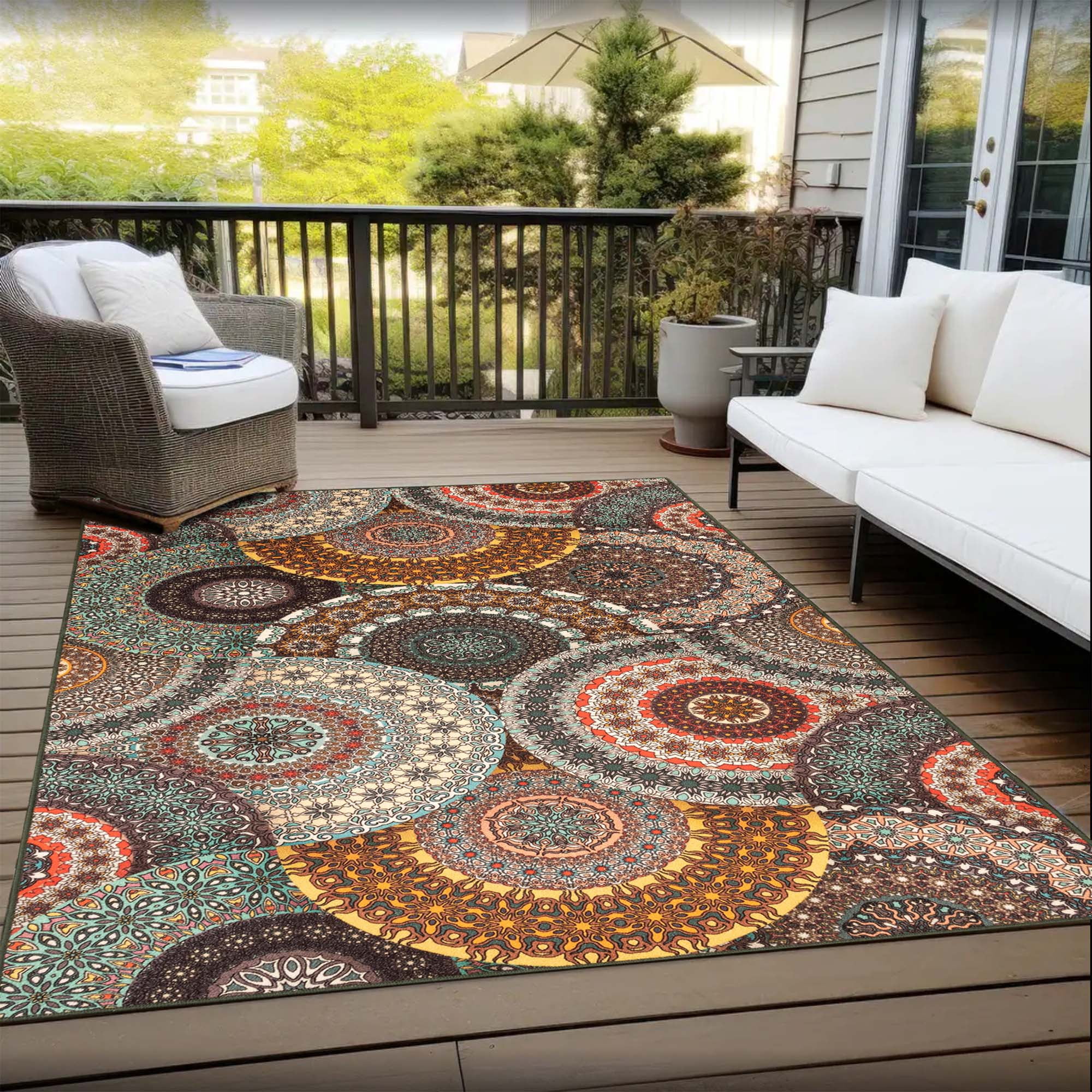 Superior Medallion 5' x 8' Non-Slip Indoor Outdoor Area Rug, Rugs For Living Room Patio Porch, Black