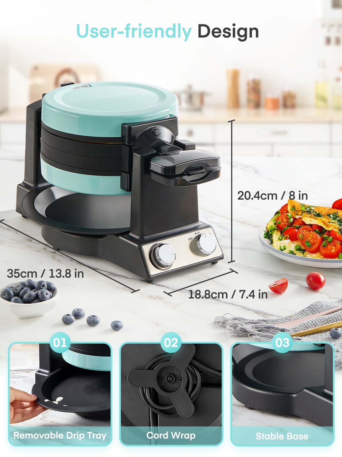 FOHERE 2-in-1 Waffle Maker & Omelette Maker, 1400W 180° Flip