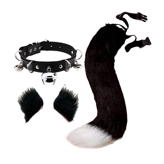 Conjunto de 4 orejas y cola de zorro de peluche, de piel sintética, cola larga, para cosplay de Lolita Negro