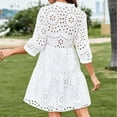 thumbnail image 4 of qolati Fall Dresses for Women 2024 Boho Midi Dresses 3/4 Sleeve Eyelet Henley V Neck A-Line Dress Casual Loose Ruffle Swing Beach Dress, 4 of 7