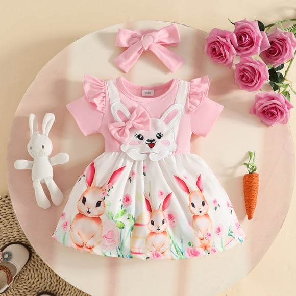 FYDUU Vêtements pour Bébé Fille Robe pour Tout-Petites Manches Courtes Pâques Imprimés de Dessins Animés Robes Robe de Fête des Fêtes Mignonne Robe d'Été 3-6 Mois