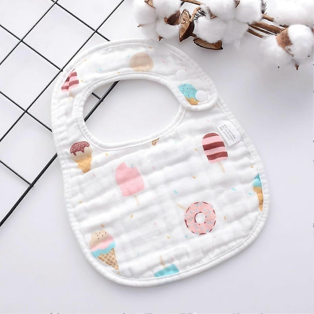 Baby Bib U Shaped Cotton Cute Cartoon Print Adjustable Snap Feeding Saliva Pad for Infants Toddlers Ice Cream