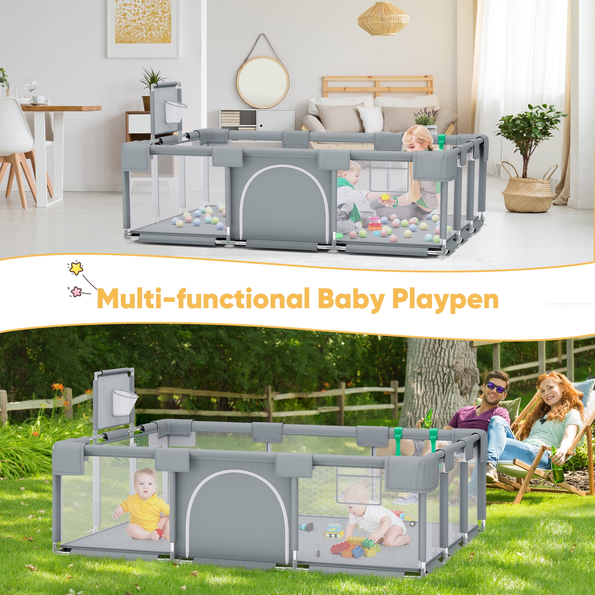 babyeap Baby Playpen,73 Inch Extra Large Baby Playard,Playpen for Babies and Toddlers With Basketball Hoop,Children Kids Play Fence for Indoors Outdoors,Gray