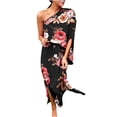 thumbnail image 2 of LOVZFMLL Robe d'Été pour Femme, Aguichant, à une Épaule, Imprimée, Ample, Ourlet Fendu à Moitié, Manches, Noir, G, 2 of 5