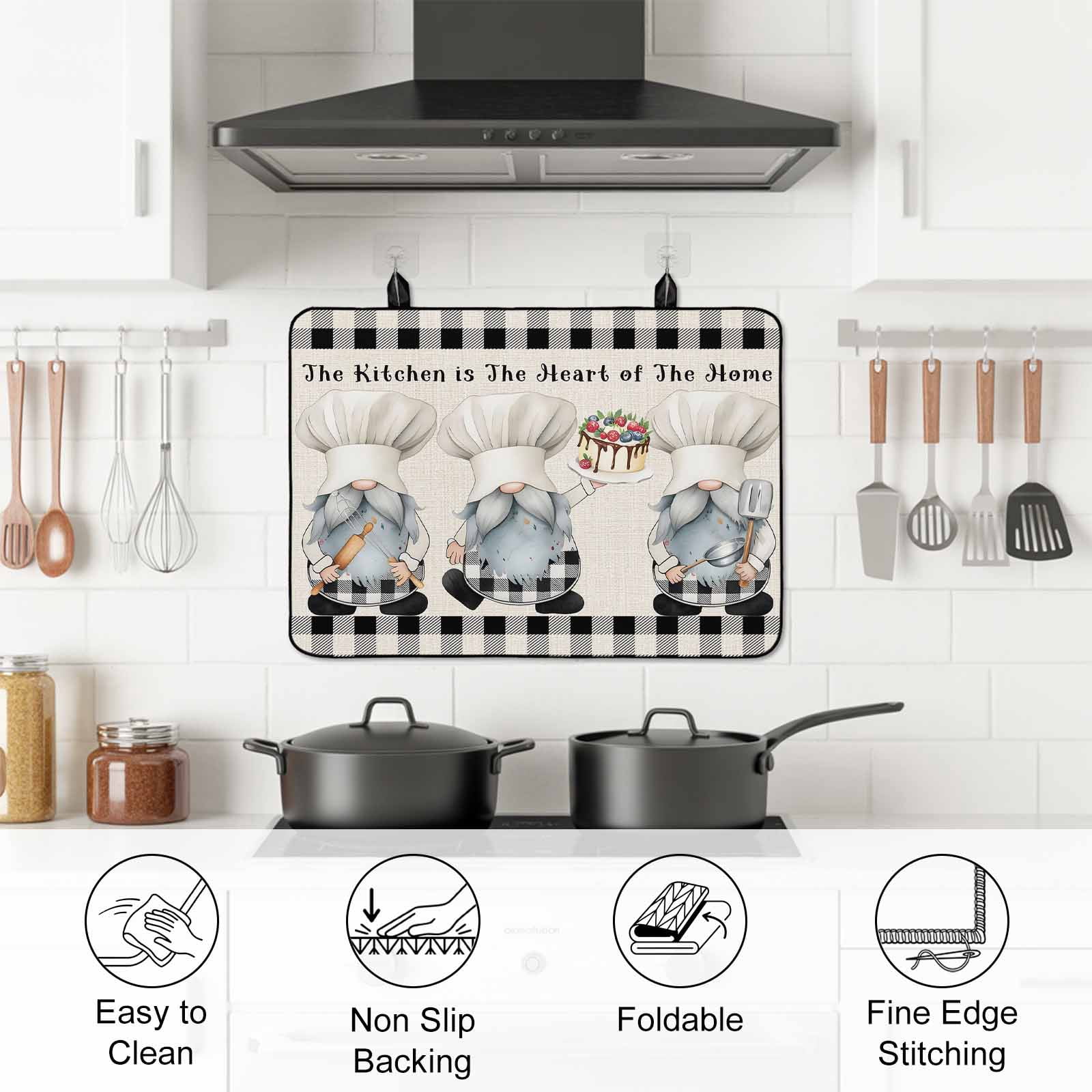 Chef Gnomes Stove Top Cover for Electric Stove, Heat-proof & Non Slip Glass Top Stove Cover Protector, Black Grey Plaid Cake Cook Dessert Burlap Kitchen Flat Cooktop Rubber Mat 24x21 Inches