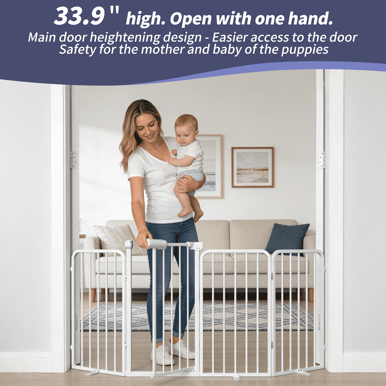4-Panel Dog Gate with Door Freestanding Dual Lock Easy Open No Bend, 80in Adjustable for Doorway Stairs Metal