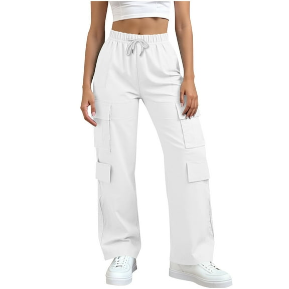 Lenpel Women's Wide Leg Cargo Pants Elastic High Waisted Drawstring Hiking Travel Pants Athletic Casual Trousers with Pockets(White,X-Large)