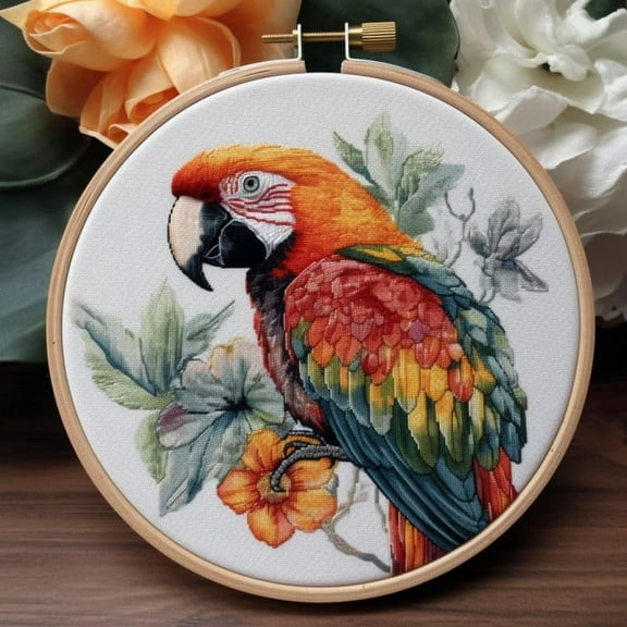 Counted Easy Cross Stitch Kits Flowers Parrot Color Stamped Embroidery for Starter Kits DIY 11CT Stamped Patterns Embroidery Needlework Kit Supplies 12 Inch Hoop Included(18-X)