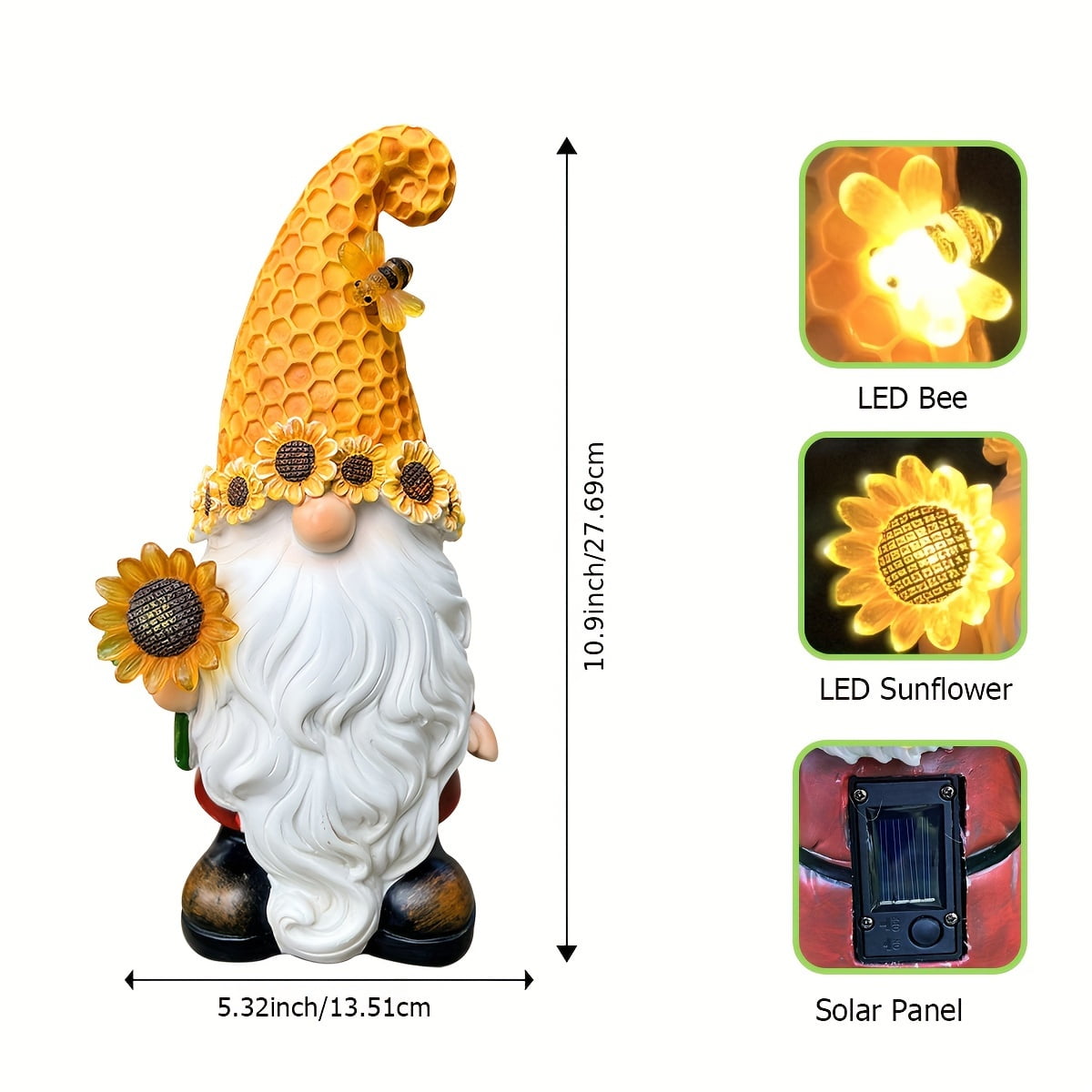 Solar Garden Decor Resin Gnome Statue Sunflower Gnome Sculptures for Harvest Festival Christmas New Year Housewarming Gifts Outdoor Outside Decorations for Yard Patio Garden Lawn