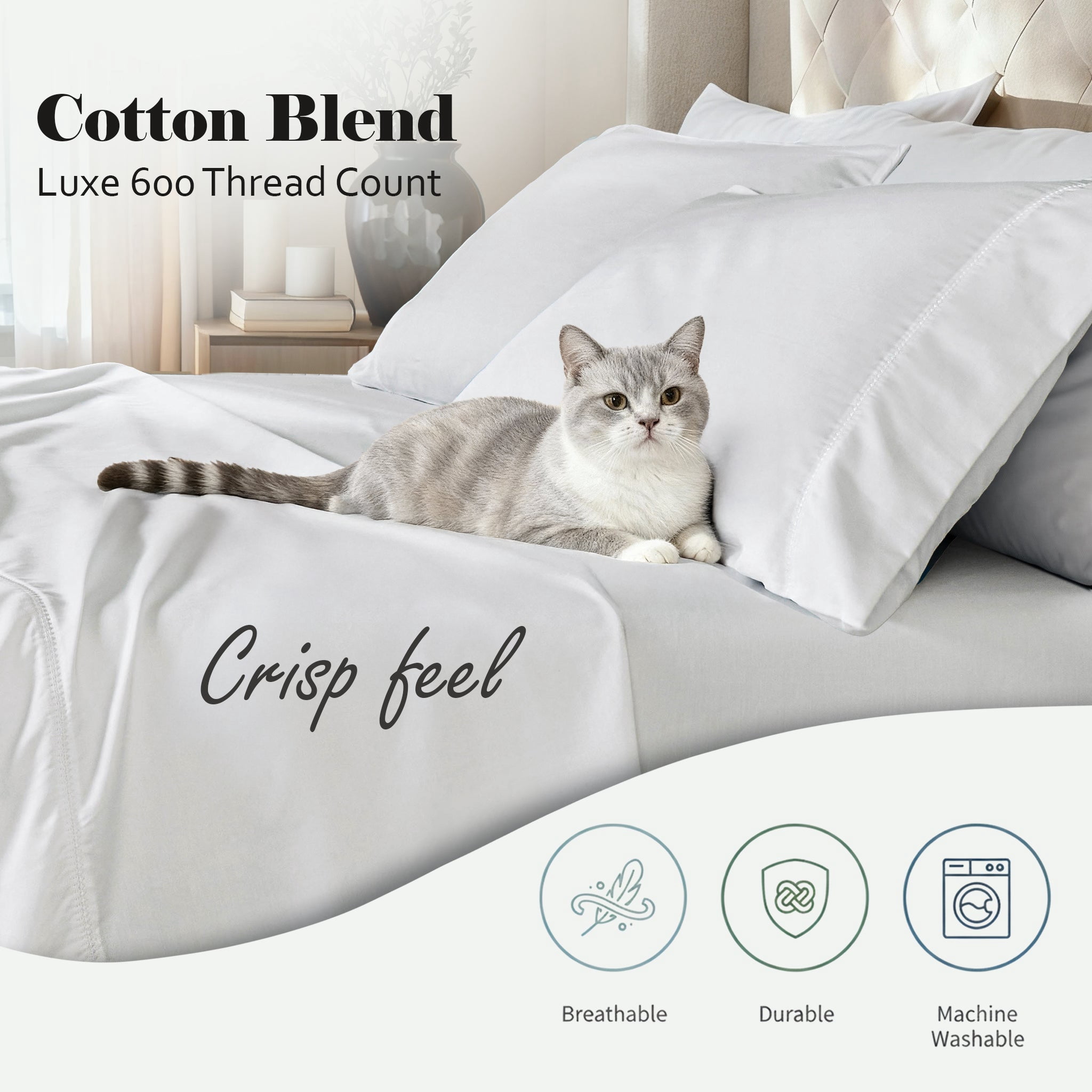 Superior Cotton Blend 600 Thread Count Embroidered Pillowcases , Set of 2, Standard Size, White
