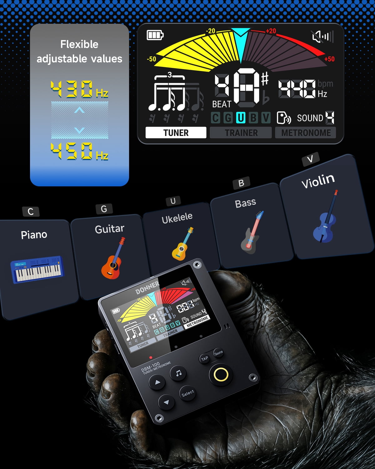 Donner 3-in-1 Rechargeable Digital Metronome Tuner For Guitar, Violin, Ukulele, Piano, Flute & All Instruments, Black