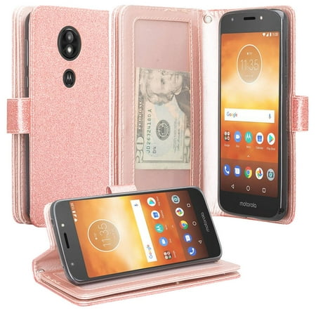 Motorola Moto E5 Play , Moto E5 Cruise Case, [Wrist Strap] Glitter Faux Leather Flip [Kickstand Feature] Protective Wallet Case Cover Clutch - Rose